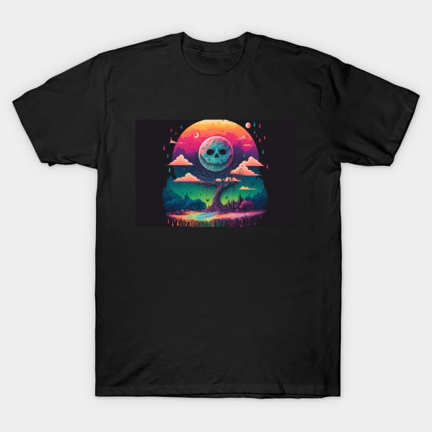 A Full Skull Moon Smiles Down On You - Psychedelic Landscape - Paint Dripping 3D Illustration - Colorful Haunted Nature Scene T-Shirt by JensenArtCo